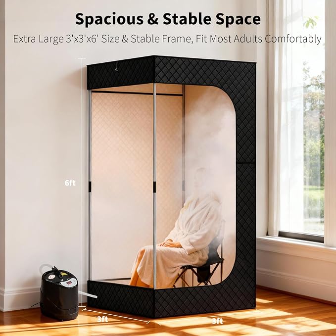Sauna Box - Portable Sauna for Home with Upgraded 3L 1500W Steamer, Folding Chair and Non-Slip Mat for Relaxation Spa, 5-Layer Waterproof and Insulated Steam Tent, 3x3x6ft, Larger (Black)
