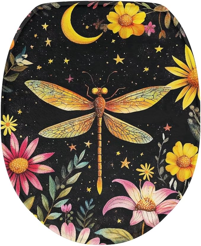 Dragonfly Toilet Seat Cover for Bathroom Moon Toilet Lid Covers for Bathroom Elongated Dust Cover Replacement Soft Bathroom Replacement Elongated Oval Round Lid Easy to Clean