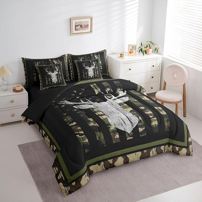 Feelyou Deer Hunting Camo Comforter Set Twin Size 7 Pieces Green Camouflage Camo Bedding Set American Flag Bed in a Bag with Comforter, Sheets, Pillowcases, Cushion Covers Wild Animal Bedroom Decor