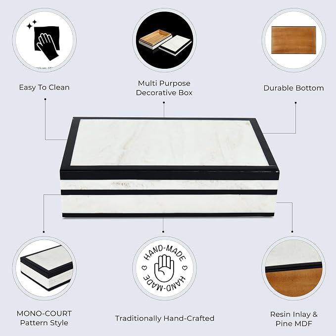 Handicrafts Home Decorative Storage Box with Lid – Black White Modern Remote Holder Box, Coffee Table Organizer, Decorative Storage Box for Living Room & Desk – Mono Court 10 x 6 x 2.5