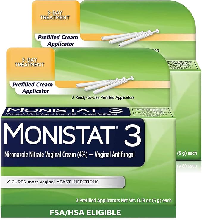 Monistat 3-Day Yeast Infection Treatment for Women, 3 Pre-Filled Miconazole Cream Applicators (Pack of 2), Regular Strength Fast Acting Relief for Vaginal Itching and Irritation