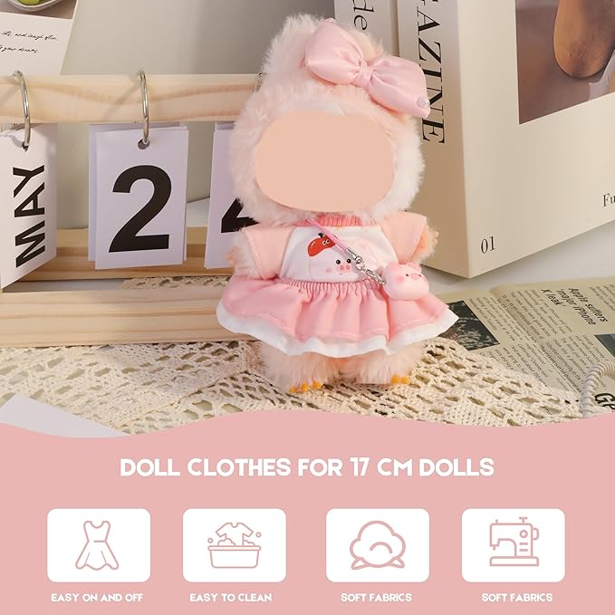 Clothes for Labubu Doll,6.7 Inch Doll Clothing Set - 4 Pieces of Handmade Clothes and Accessories for 17cm Plush Toy - Pink and White Colorblock Piglet Top + Pink Tutu Skirt + Bow Tie