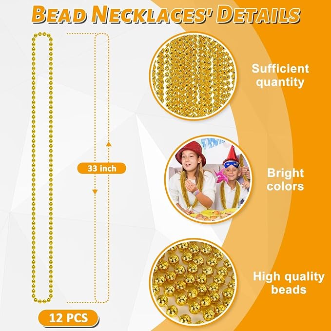 12PCS Mardi Gras Beads, Gold Beaded Necklace Stuff Set, 33" Mardi Gras Christmas Beads Necklace Costume Bulk, Festival Parade Throw Accessory Sets for Mardi Gras St Patricks Day Celebrations