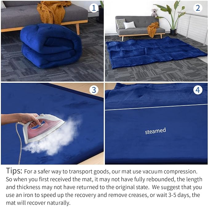 Large 79"x110" Baby Activity Play Mat for Floor,1.3" Thick Elasti Foam Cushion Mat for Tummy Time & Crawling,Non-Slip&Safe for Infants,Toddlers & Kids, for Living Room,Classroom & Playroom（Dark Blue)