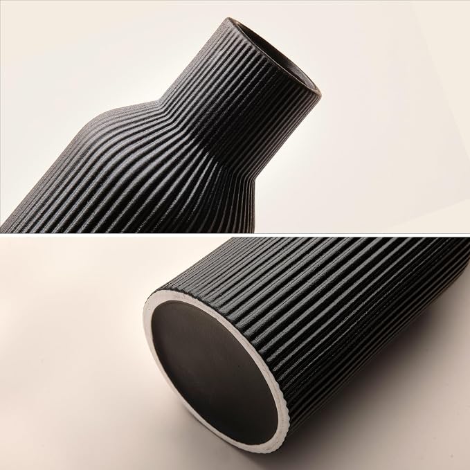 Black Ceramic Tall Vase,Modern Smooth Vertical Ribbed, Nordic Minimalist for Pampas, Dried & Fresh Flowers, Home Decor for Living Room, Coffee Table, Bookshelf, Entryway, Farmhouse