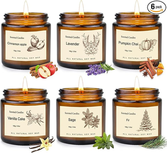 6 Pack Candles for Home Scented,Long Lasting Soy Candles for Home,Holiday Scented Candle Gift Set with Cinnamon Apple,Pumpkin Chai&Vanilla,Natural Aromatherapy Candles,Holiday Gifts for Women