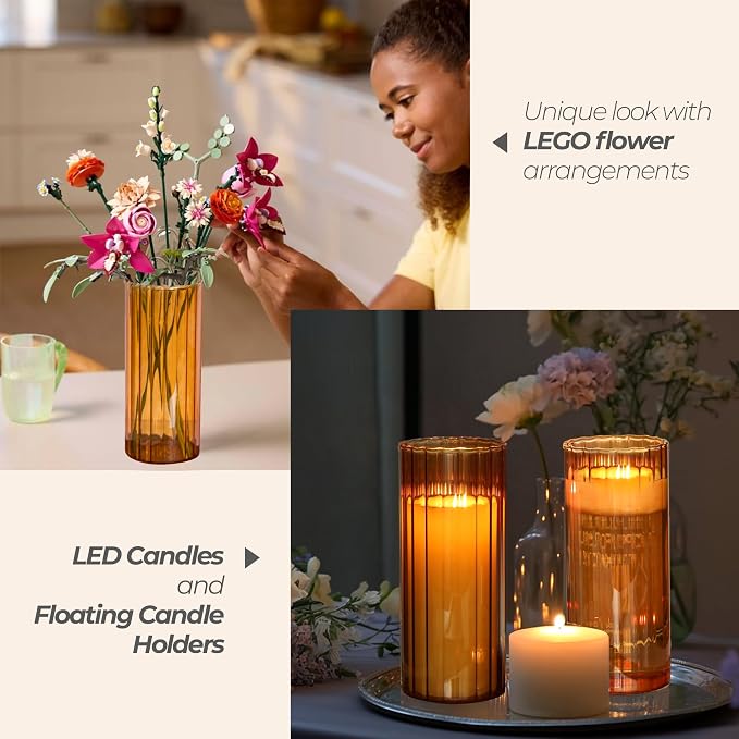 ComSaf Glass Cylinder Vase 8 Inch Tall, Amber Ribbed Decor for Centerpieces | Decorative Flower Vase, Hurricane Floating Candle Holder, Wedding Decor, Reception Table, Home Accent, Housewarming Gift