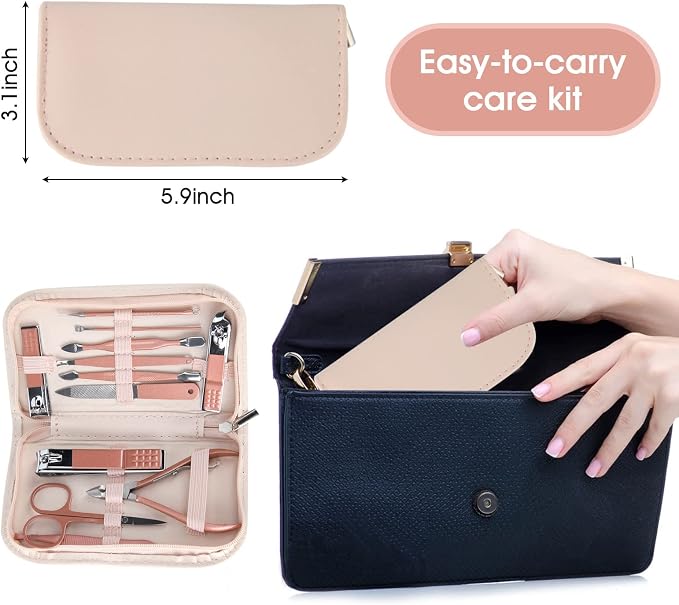 Nail Clippers & Beauty Tool Portable Set, Rose Gold Manicure Set, 12 in 1. | Martensitic Stainless Steel, Pink Leather Bag, Suitable for Home, Workplace, Outdoor Travel, Gift Giving, Salon.