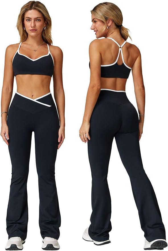 ABOCIW Workout Sets for Women 2 Piece Color Block Strappy Sports Bra High Waist Shorts Gym Yoga Pilates Outfits