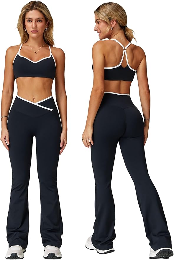 ABOCIW Workout Sets for Women 2 Piece Color Block Strappy Sports Bra High Waist Shorts Gym Yoga Pilates Outfits