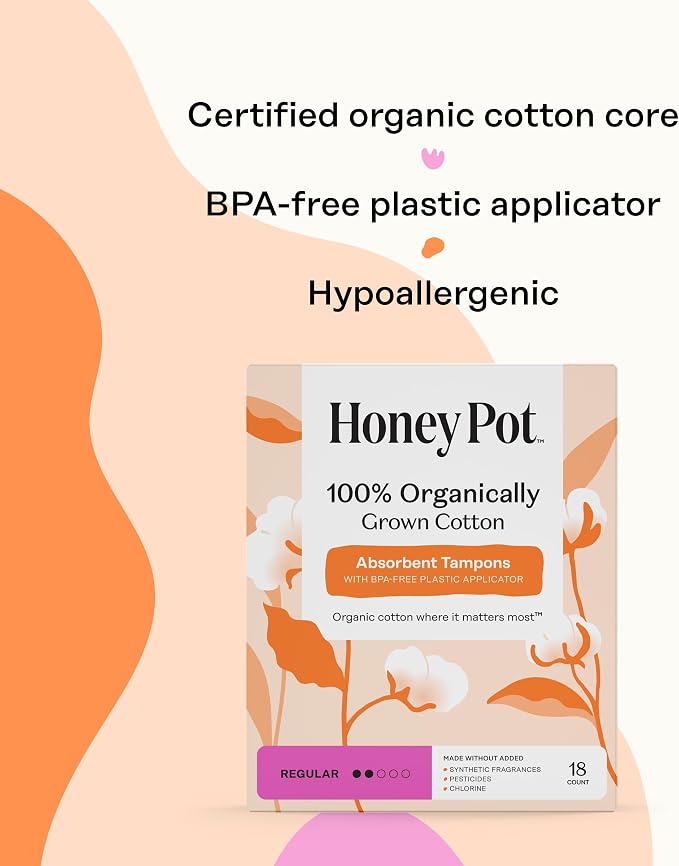The Honey Pot Company - 100% Organic Cotton Tampons - Super Absorbency | Tampons w/BPA Free Plastic Applicator - Unscented - Without Fragrances or Chlorine - Feminine Care - 18ct