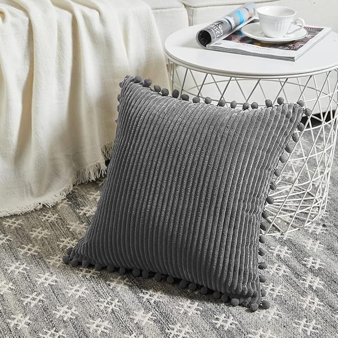 Fancy Homi Set of 2 Dark Gray Decorative Throw Pillow Covers 12x12 Inch with Pom-poms for Couch Bed Sofa, Modern Farmhouse Boho Home Decor, Soft Plush Corduroy Cute Cushion Case 30x30 cm