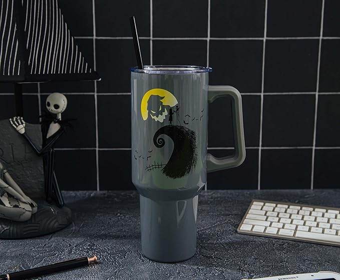Silver Buffalo Disney Nightmare Before Christmas Featuring Oogie Boogie, Jack Skellington, and Sally Double Walled Stainless Steel Tumbler with Handle and Straw, Fits in Standard Cup Holder, 40 Ounces