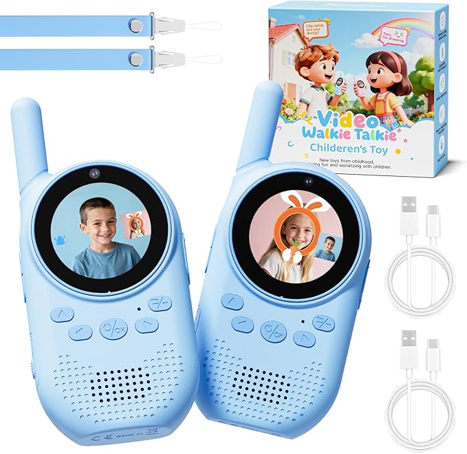 Video Walkie Talkies for Kids, Rechargeable Kids Walkie Talkies with Screen Display & Voice Changer, Outdoor Toys for 3-12 Years Boys Girls Birthday Christmas (Bule/Bule)