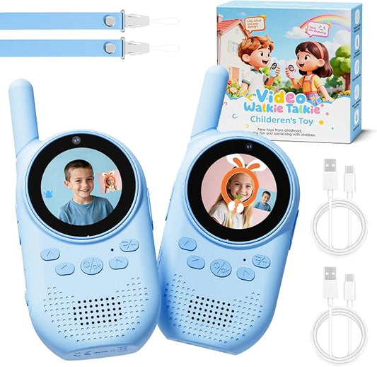 Video Walkie Talkies for Kids, Rechargeable Kids Walkie Talkies with Screen Display & Voice Changer, Outdoor Toys for 3-12 Years Boys Girls Birthday Christmas (Bule/Bule)