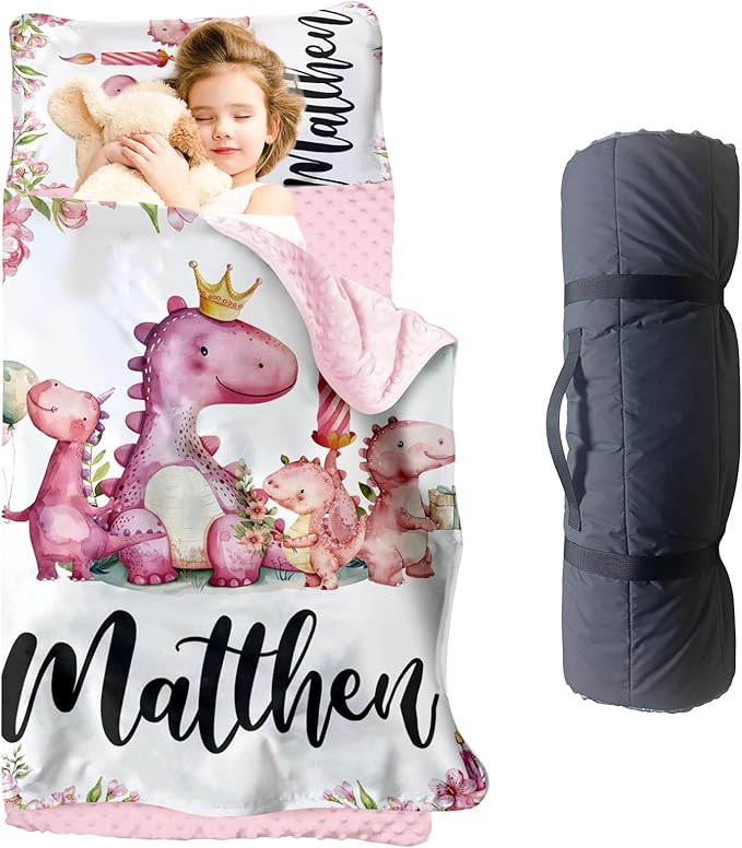 Personalized Toddler Nap Mat for Girls – Custom Name Kids Nap Mat – Daycare Sleeping Mats with Removable Pillow and Soft Minky Dot Blanket for Preschool, Travel, Kindergarten