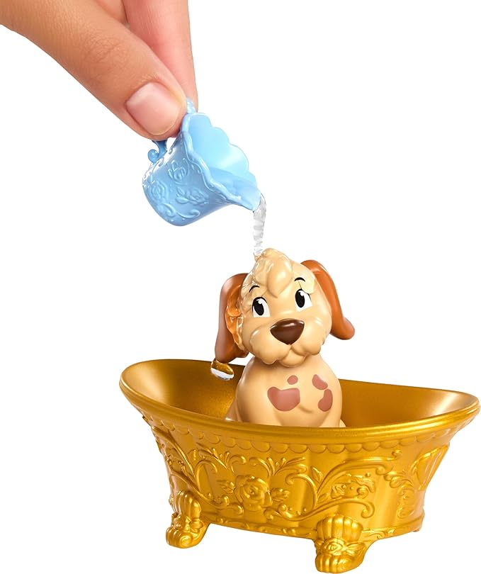 Mattel Disney Princess Belle Fashion Doll & Dog Figure with Color Change Spots, Bathtub, Brush & Hair Accessories, Inspired by Beauty & The Beast