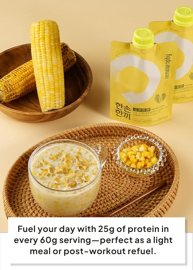 Korean Food Grabmeal Sweet Corn Protein Shake, 25g Protein, 7 Pack Mix | Sweet corn flavored protein drink mix with 25g protein per pouch, made in Korea, just add water