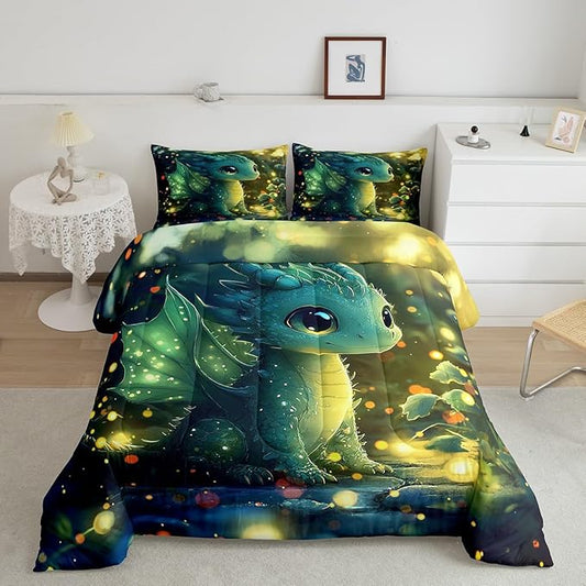 Feelyou Dragon Comforter Set Full Size Dragon Stuff Comforter for Boys Girls Teens Kawaii Bedding Set Room Decor Bright Green Quilt Set
