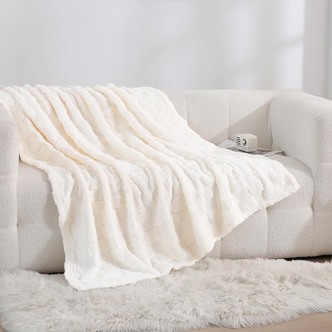 Cream White Fleece Throw Blanket 90”×90”Checkered Design for Couch | Super Soft Cozy Plush Microfiber 3D Square Pattern Flannel Blanket for Sofa Bed Lightweight for Adults,Women