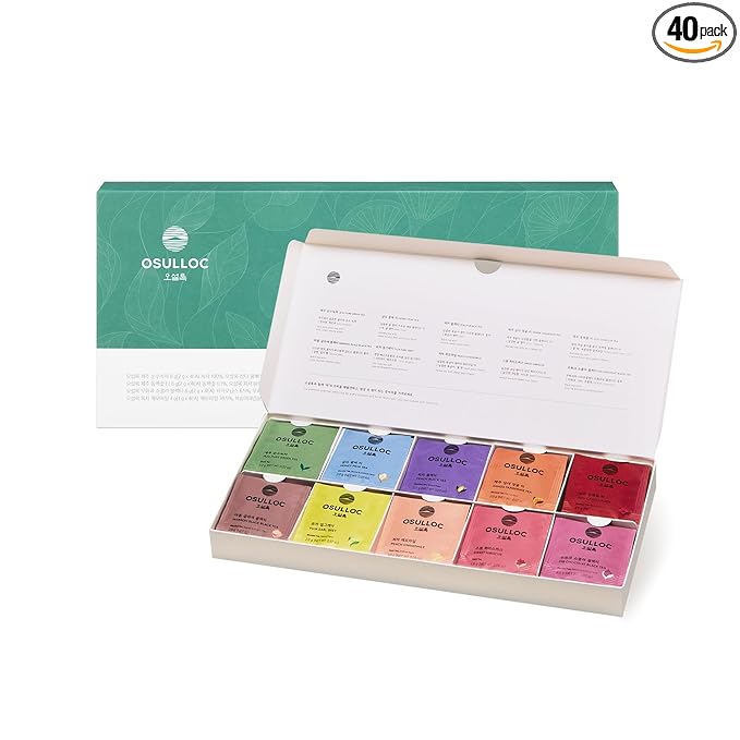 OSULLOC Premium Tea Collection (40 count, 10 flavors x 4 ea), Self Care Sampler Gift Box Variety Pack, Premium Organic Pure & Blended Tea from Jeju