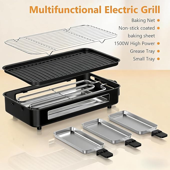 Electric Indoor Grill 1700W, 2 in 1 Smokeless Indoor Grill for Kitchen with Non-stick Removable Grill & Griddle Plate,Temperature Control Korean BBQ Grill with 3 Cheese Pans Dishwasher Safe
