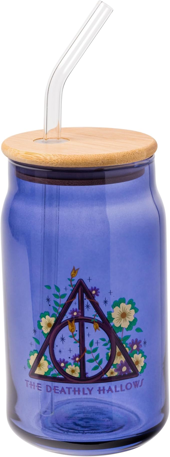 Silver Buffalo Harry Potter The Deathly Hallows Glass Tumbler with Bamboo Lid and Glass Straw, 16 Ounces