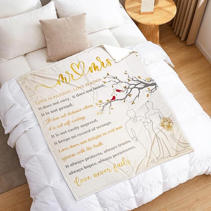 Wedding Gifts for Couples, Bridal Shower Gifts for Bride to Be Soft Blanket | Anniversary Mr and Mrs Gifts, Wedding Gifts for Newlyweds Wedding Throw Blanket 60*80 Inch (White Gold)