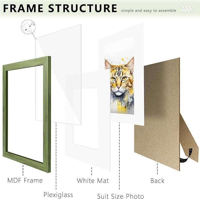 Picrit 5x7 Picture Frame Set of 12, Display 4x6 with Mat or 5x7 without Mat, Photo Frames for Wall Mounting or Table Top Display, Green Wood Grain