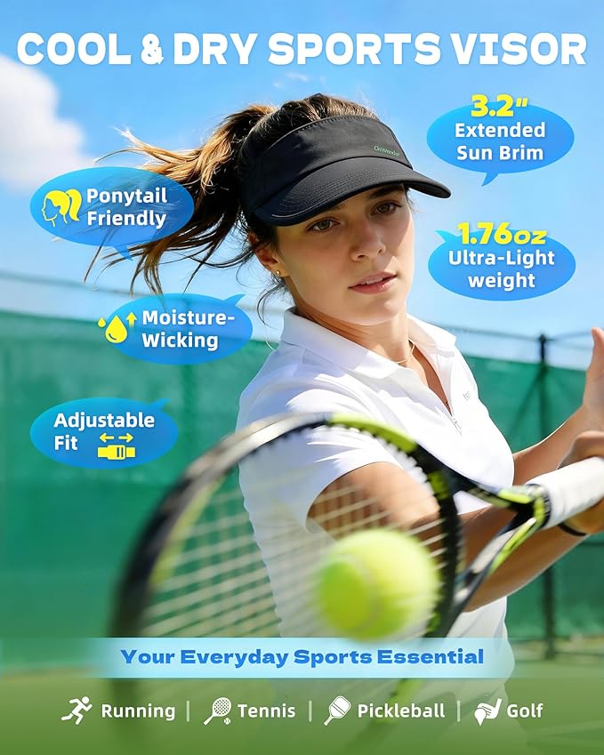 Sun Visor Hats for Women Men - Wide Brim Quick Dry Adjustable Hat | Upf 80+ Sun Protection Sport Hat, Cooling Sweatband; Breathable Quick-Dry Fabric Visors for Running, Tennis, Golf, Sports