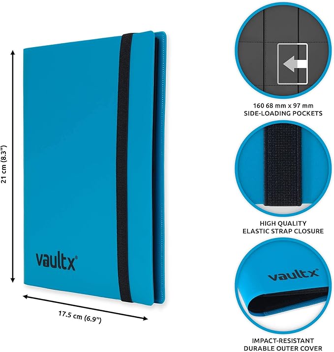 Vault X 4 Pocket Standard Strap Binder, Holds 160 Trading Cards in 20 Side-Loading Pages (Blue)