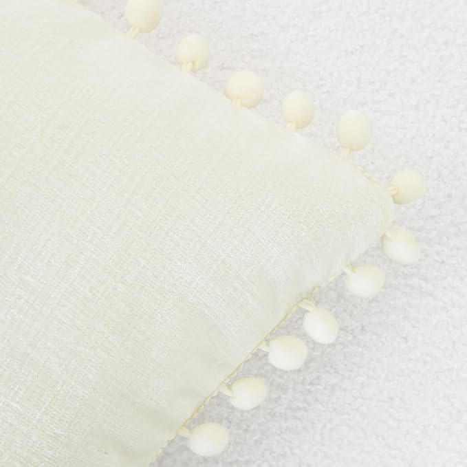 CaliTime Decorative Couch Throw Pillow Covers 22 X 22 Inches Cream | Pack of 2, Cozy Chenille Cushion Cases, with Pom Poms for Sofa Bed Living Room Farmhouse Home