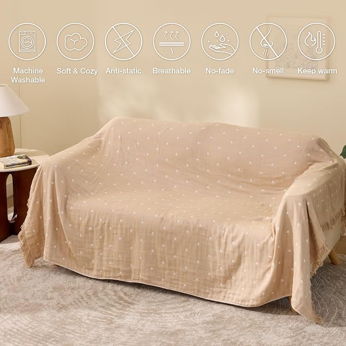 100% Cotton Boho Throw Blanket for Home Decor – Classic Farmhouse Quilt Bedding, Muslin Blankets for Adults, Vintage Woven Decorative Blanket for Couch, Bed Layering Use, Classic Dotted, 90"x90"