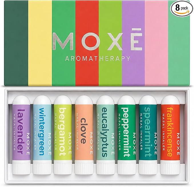 MOXĒ Nasal Inhalers Bundle, 8 Essential Oils, 100% Pure and Undiluted, Therapeutic Grade, No-Mess Portable Aromatherapy, Includes Eucalyptus, Peppermint, Lavender, Wintergreen, Made in USA - Pack of 8