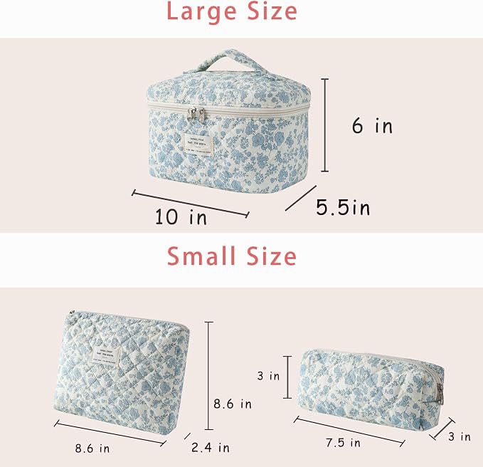uekeboag Large Travel Quilted Makeup Bag for Women, Floral Cotton Cosmetic Bag, Coquette Aesthetic Floral Toiletry Organizer Bag