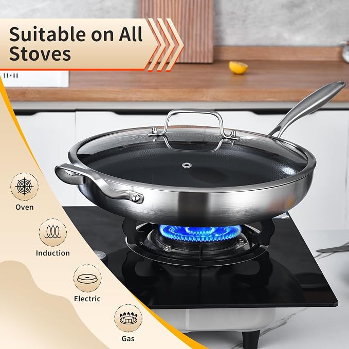 Inqibee 12 Inch Hybrid Nonstick Chef's Pan with Lid | Tri-Ply Stainless Steel Skillet for Meals, Honeycomb Scratch Resistant Surface, Induction Cooking Pan, Dishwasher & Oven Safe