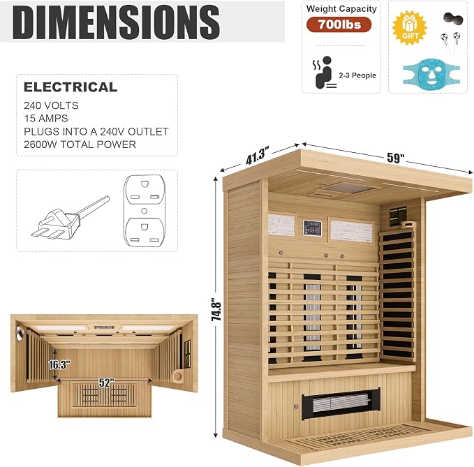MEISSALIVVE Full Spectrum Infrared Sauna，2-3 Person Home Sauna，Wooden Canadian Hemlock Indoor Spa Sauna with Resonance Speaker, Panoramic Tempered Glass Door