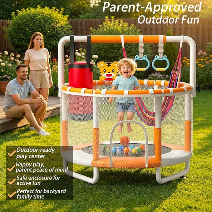 55" Kids Indoor Trampoline with Safety Net, Adjustable Gymnastics Bar & Toys – Indoor/Outdoor Toddler Play Gym for Boys & Girls Ages 3+, Birthday Gifts
