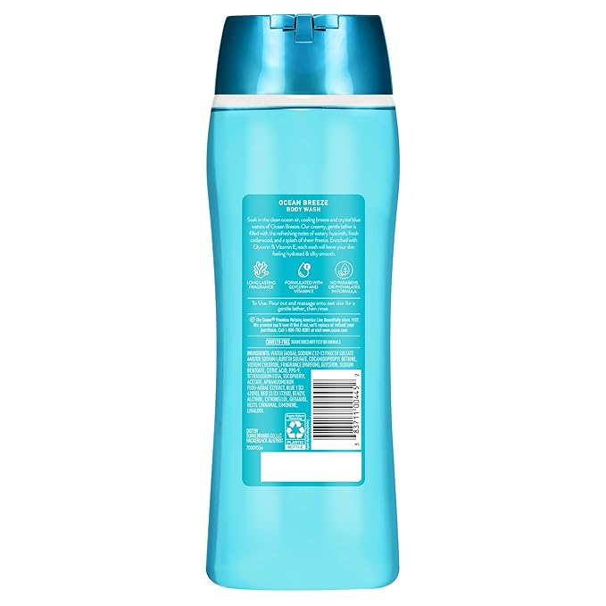 Suave Ocean Breeze Moisturizing Body Wash with Glycerin & Vitamin E, Hydrating Formula For Soft, Smooth Skin, Long Lasting Fragrance, 18 FL OZ, 6 Count