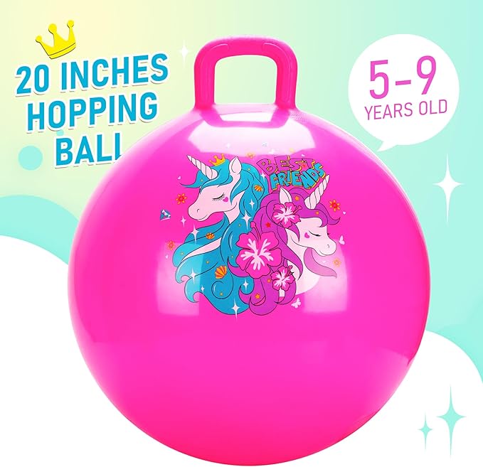 U&C Planet Hopper Ball 20 inches Bouncy Ball with Handle for Kids Age 5-9 Hoppity Hop Sit and Bounce Jumping Hopping Toy with Pump and Gift Box Great Gift for Birthday Christmas, Pink