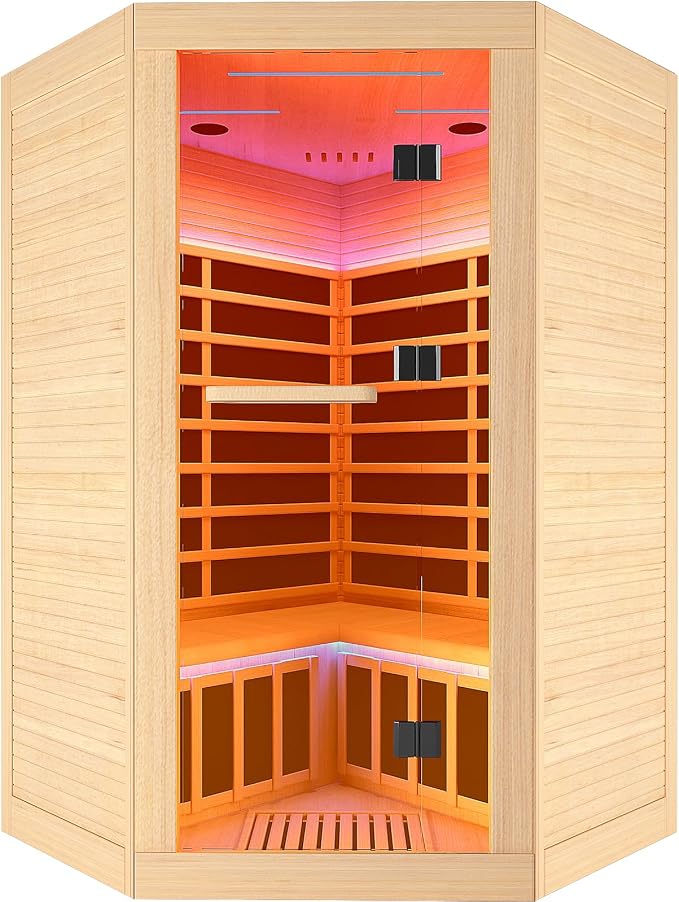 Sauna Room Far Infrared Saunas Home 1 to 3 Person Canadian Hemlock 2180W/110V Low-EMF Dry Spa Wood Sauna with Oxygen Bar/7 Color Therapy/9 Heating Plates/Control Panel/Speakers 47.2 * 47.2 * 74.8 In