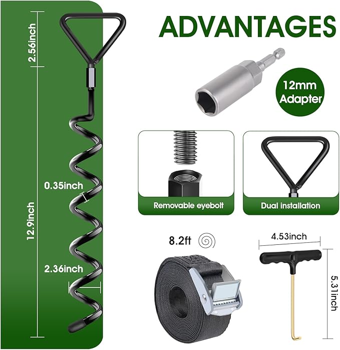 Trampoline Stakes 4 Pack - Heavy Duty Trampoline Anchors Kit - Screw In Ground Anchors High Wind with Straps for Trampolines(Black-4Pack)