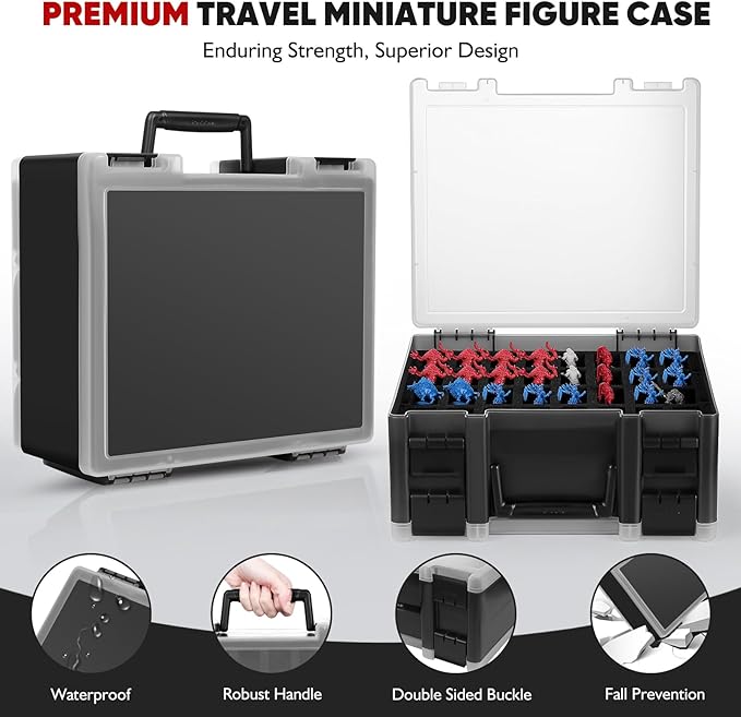 RISOU Sturdy Miniature Figure Storage Carrying Case for Standard Sized Figures - 128 Slot Miniature Figure Box Compatible with 40k,D&D and More.(CASE ONLY)