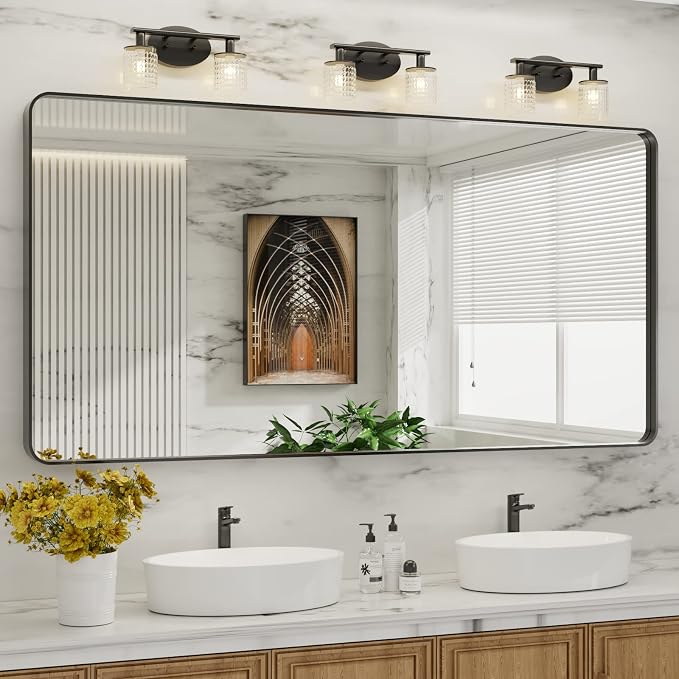 LOAAO 72X36 Inch Black Bathroom Mirror Metal Framed | Matte Black, Rounded Rectangle, Anti-Rust, Tempered Glass, Hangs Horizontally or Vertically