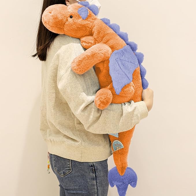 ARELUX Large 37in Cute Dragon Stuffed Animals Plush Toy Soft Orange Pterosaur Plushie Giant Fuzzy Dinosaur Pillow Plushies with Blue Wings Cuddly for Friends Family Member