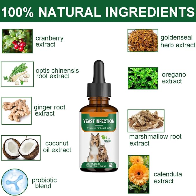 Yeast Infection Treatment for Dogs & Cats, Itchy Skin & Ear Relief | Natural Dog Cat Ear Yeast Infection Treatment Drops, Relieves Itching, Irritation and Reduces Ear & Paw Inflammation