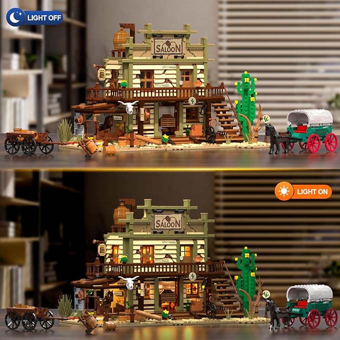 Western Saloon Building Set with LED Light, Wild West Building Block Toy 1727 PCS, Old West Construction Model with Horse Stable Carriage Cowboy Hat, House Building Kit for Adults Teens 12+