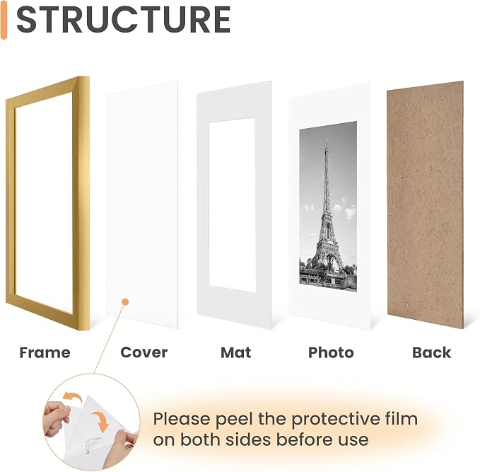 upsimples 9x12 Picture Frame Set of 5, Display Pictures 6x8 with Mat or 9 x 12 Without, Wall Gallery Photo Frames, Gold