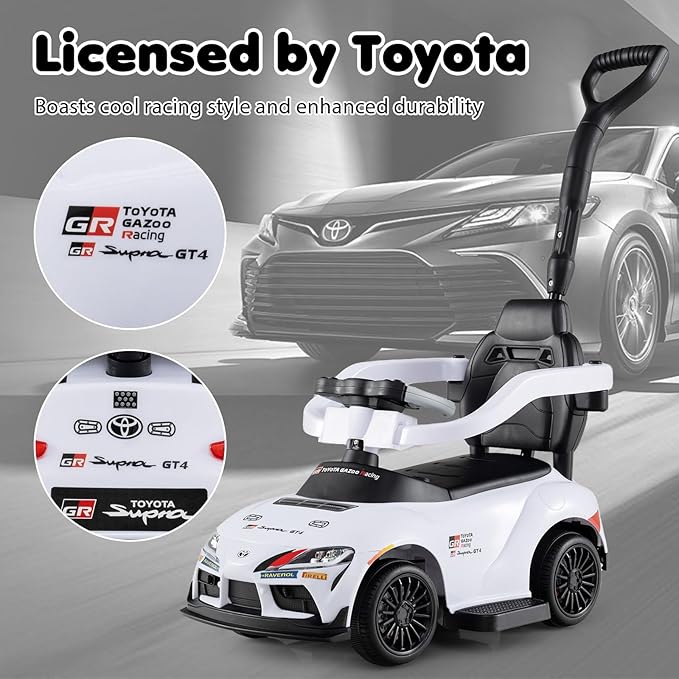Costzon Push Car for Toddlers, 3 in 1 Toyota Licensed Stroller Sliding Walking Car w/Handle, Music, Safety Guardrail, Under-Seat Storage, Foot-to-Floor Kids Ride On Toys for Boys Girls (White)