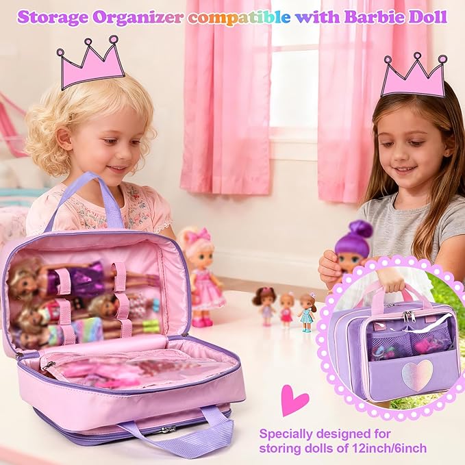 Carrying Case Compatible with Barbie Dolls 12-Inch/6-inch, All-in-One Organizer Holds 6-12 Dolls & Accessories，Large Doll Travel Case with Handle, Bag Only (PINK)